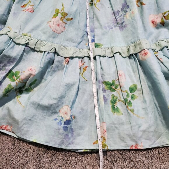 Ivy City Co Blue Foral Tiered Puff Sleeve Linen Ruched Midi Dress - Large - Picture 7 of 10